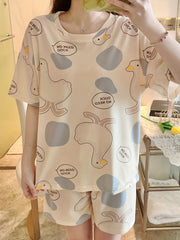 Duck Print Pajama Set Short Sleeve Crew Neck Top & Shorts