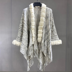 Fur Collar Cardigan Solid Warm Tassel Shawl Wrap Windproof Striped Shawl Cape