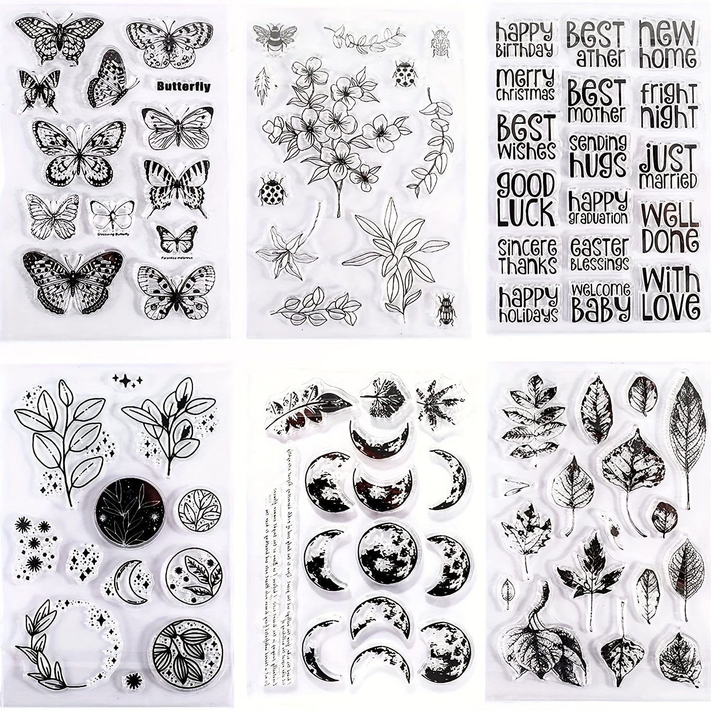 6pcs Clear Stamps Flowers Leaves Butterflies & Moon for Holiday Crafting