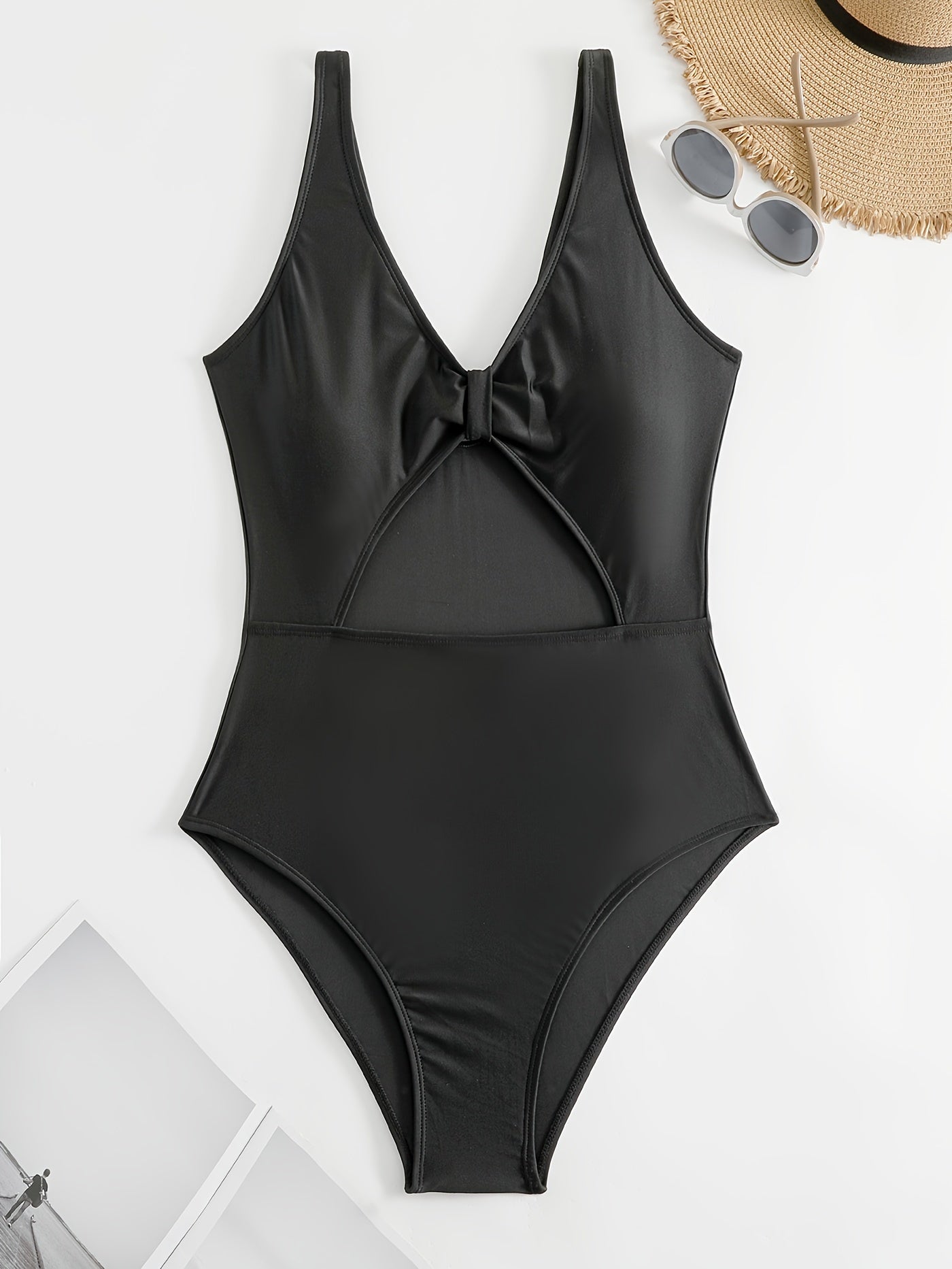 Solid V Neck Cut Out One Piece Bathing Suit
