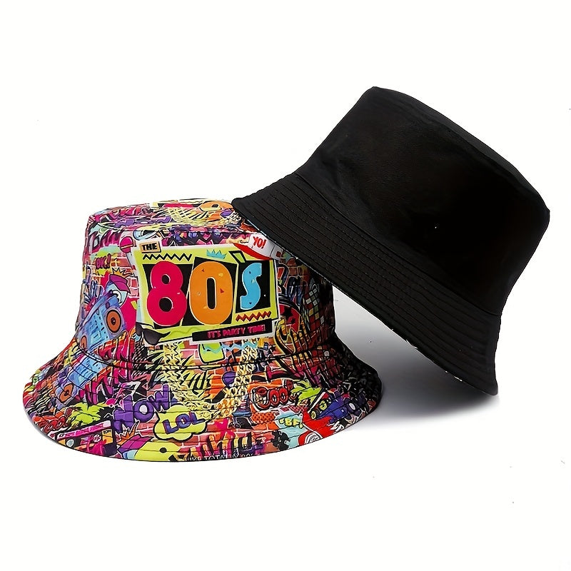 Retro 90S Print Bucket Hat Magnetic Strap Sun Hat Beach Basin Hat
