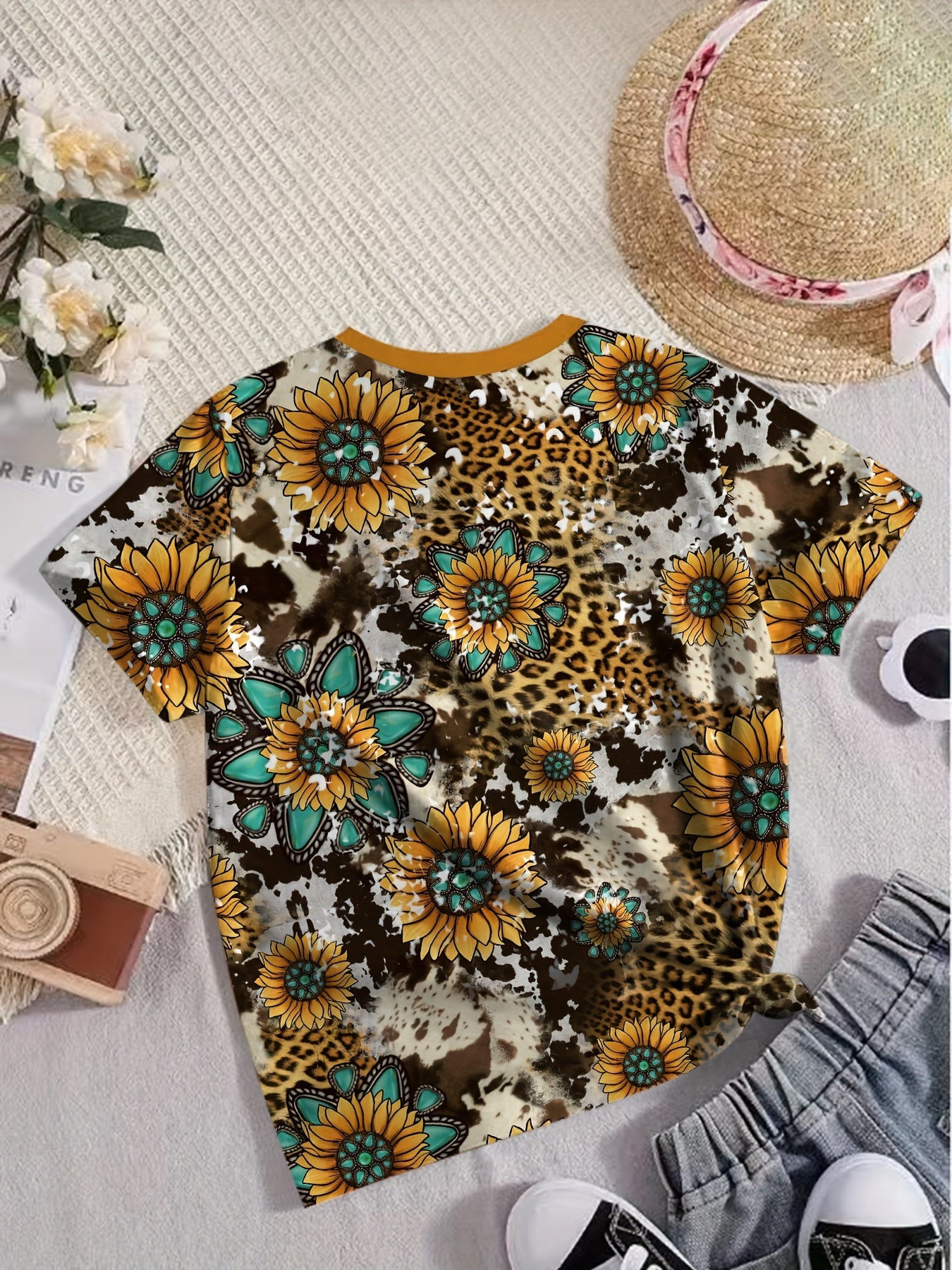 Western Style Short Sleeve T shirt Girls Sunflower Print Comfy Summer Clothes