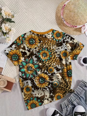 Western Style Short Sleeve T shirt Girls Sunflower Print Comfy Summer Clothes