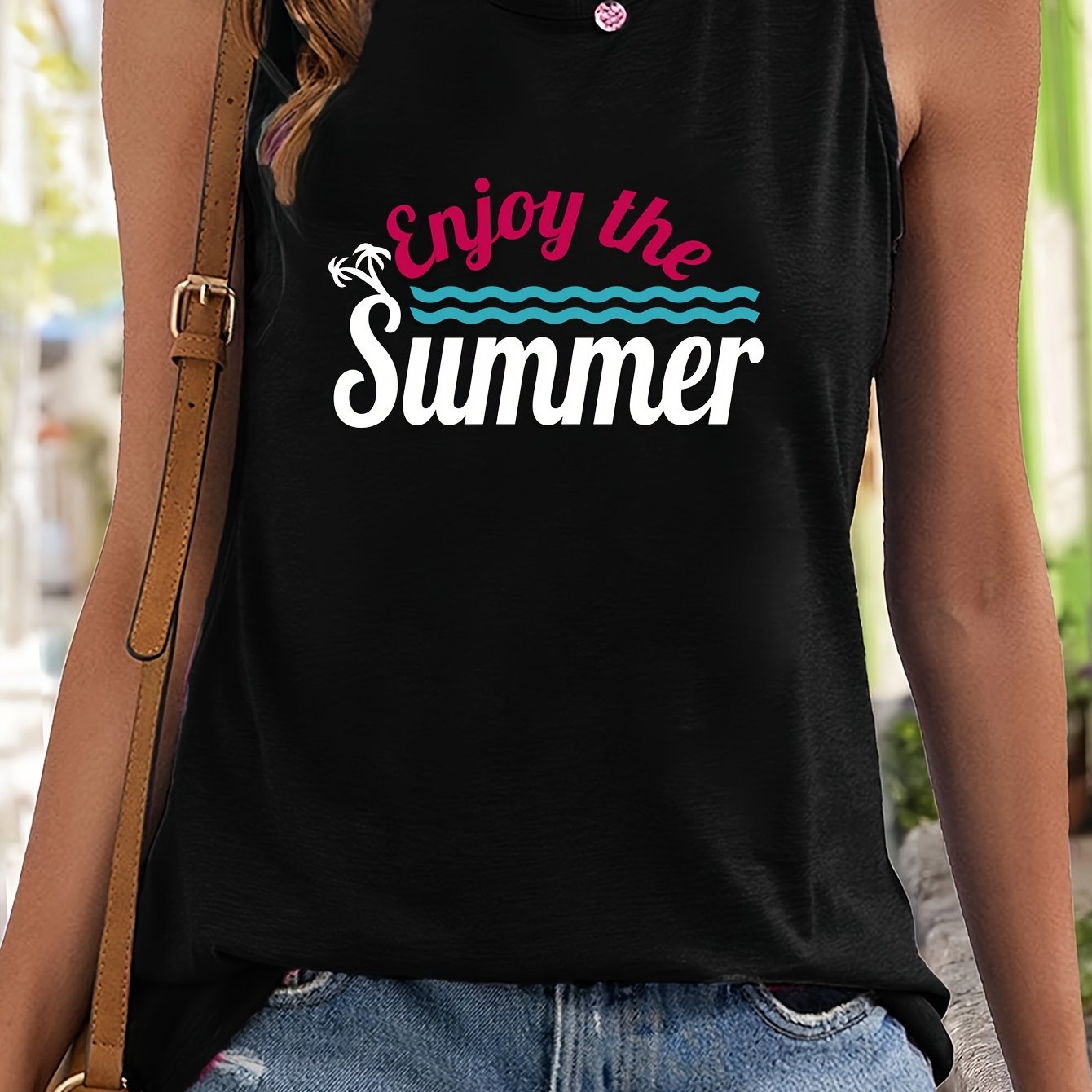 Tree & Wave Pattern Stretchy Sports Vest Round Neck Sleeveless Casual Top