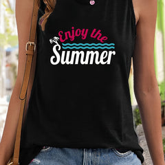 Tree & Wave Pattern Stretchy Sports Vest Round Neck Sleeveless Casual Top
