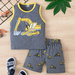 2pcs Excavator Print Tank Top & Shorts Set for Boys