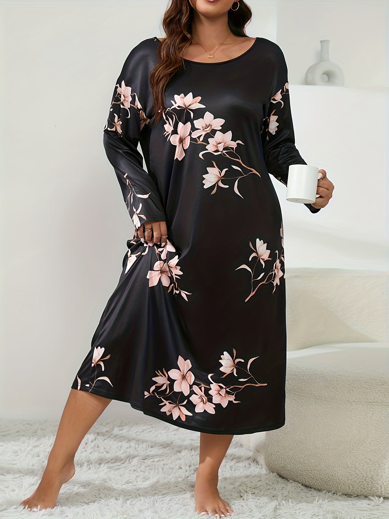 Floral Print Long Sleeve Maxi Tee Nightdress
