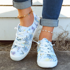 Coconut Tree Printed Canvas Lace Up Sneakers Lightweight Walking Shoes