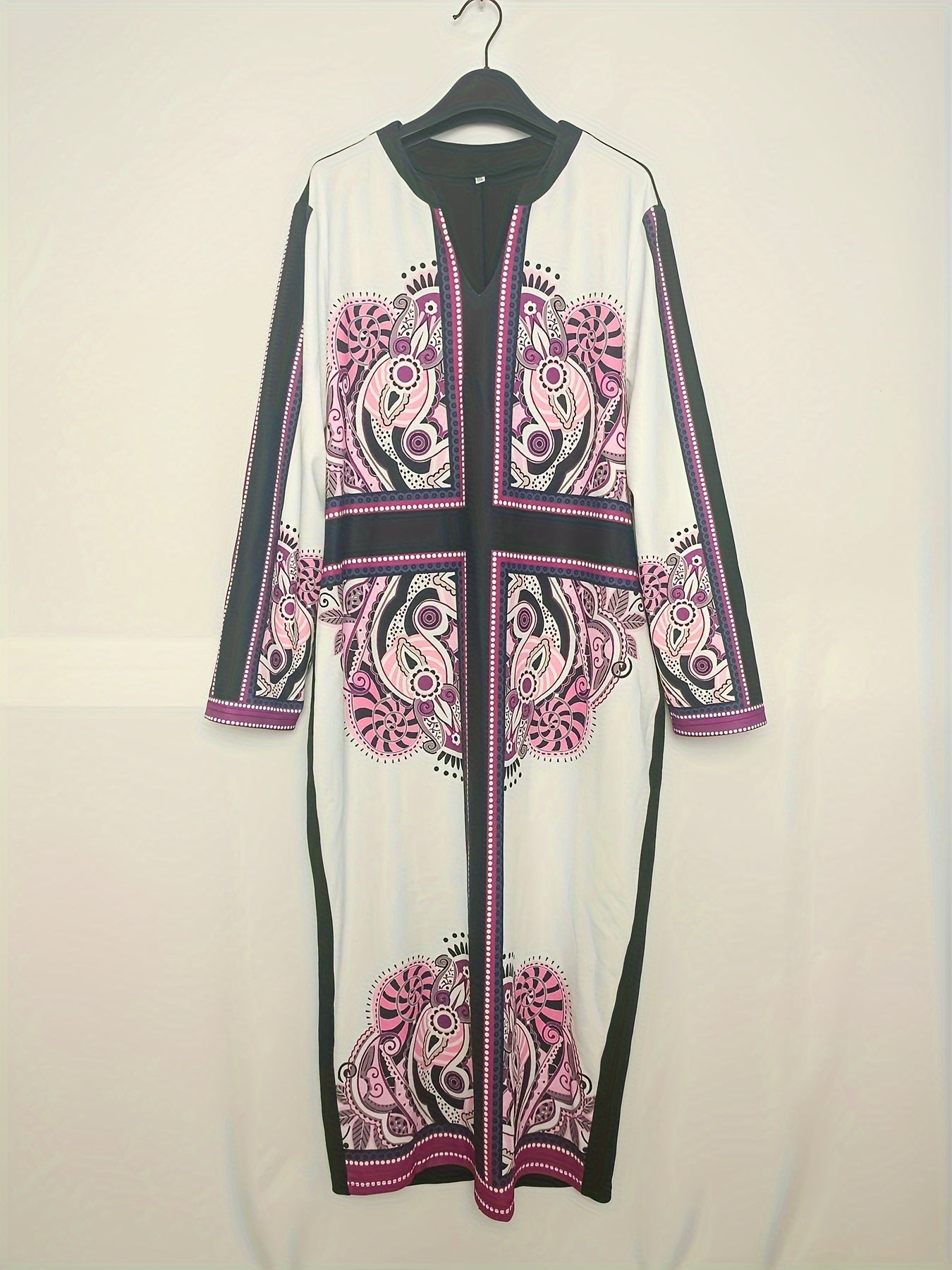 Cross & Paisley Print Long Sleeve Maxi Dress