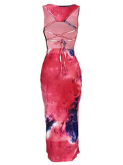Tie Dye Print Maxi Dress Backless Bodycon Sleeveless