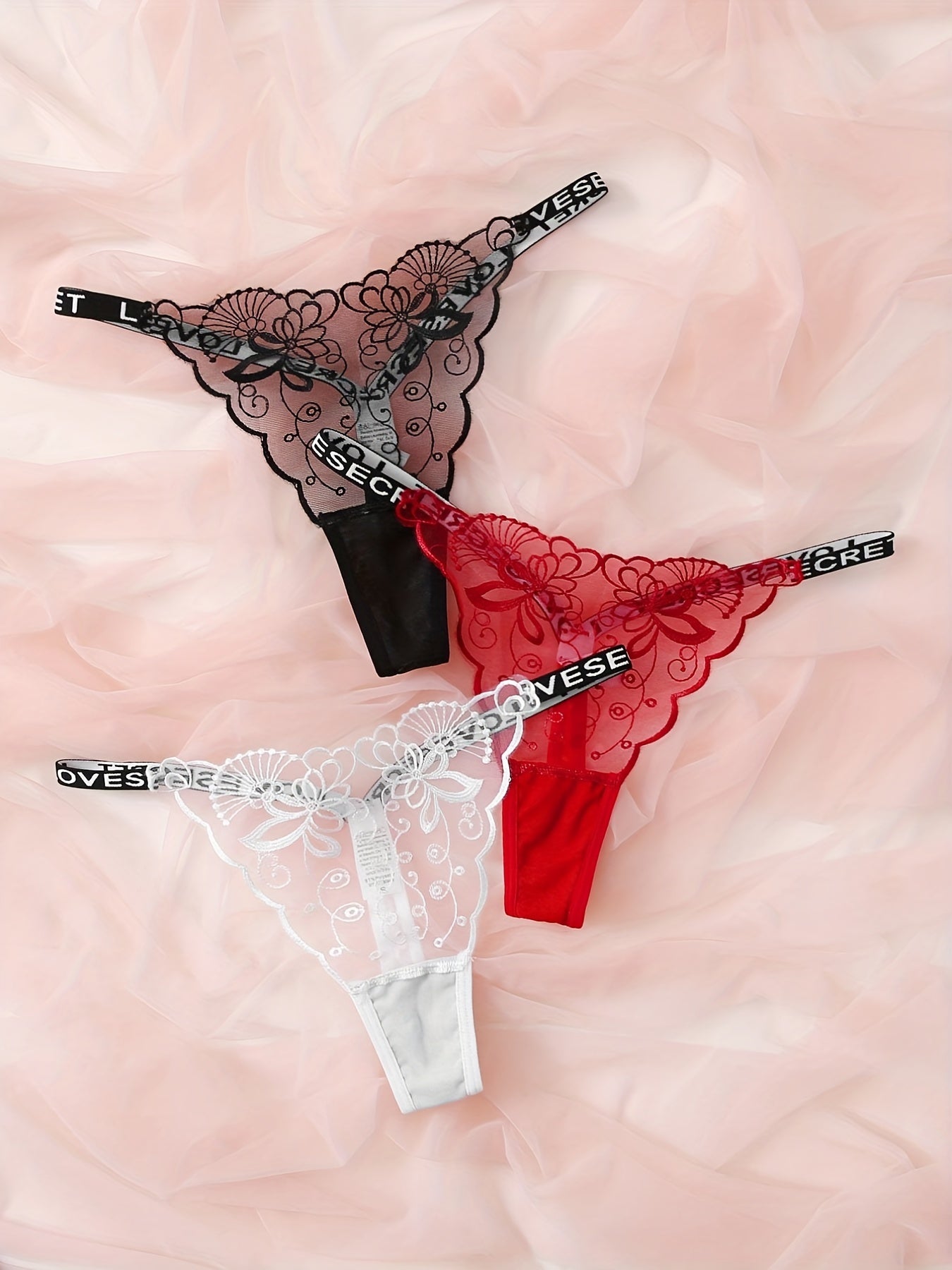 3pcs Lace Mesh Thongs Sheer Letter Tape Intimates Panties