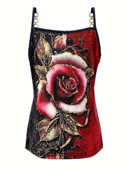 Floral Print Sleeveless Cami Top Sexy V Neck Lace Trim Chain Top