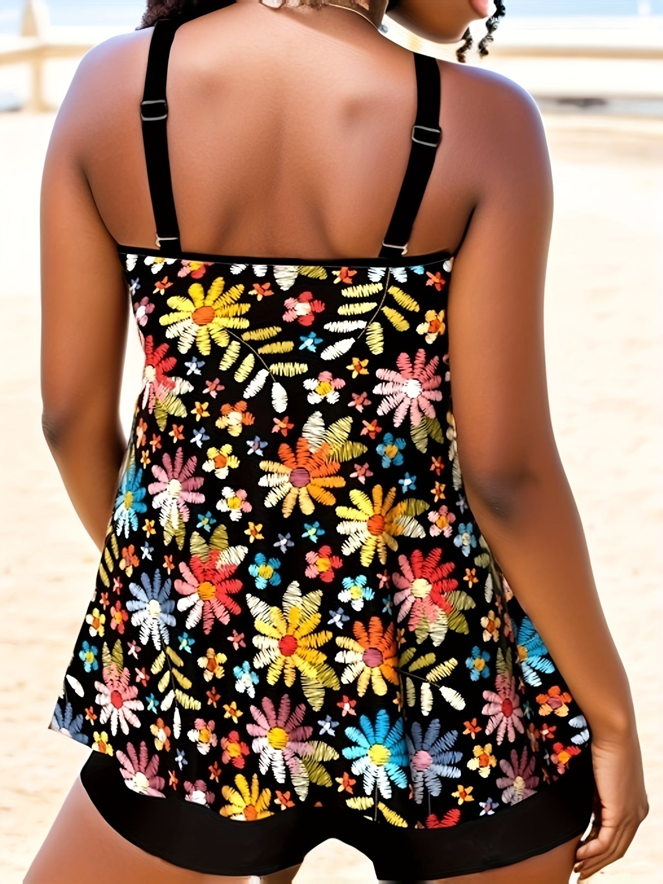 Floral Tankini Set Women's Round Neck Cami Top & Shorts Swimsuit