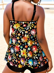Floral Tankini Set Women's Round Neck Cami Top & Shorts Swimsuit