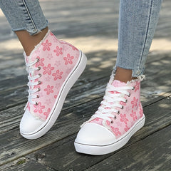 Pink Floral High Top Canvas Sneakers Lace Up Flat Shoes