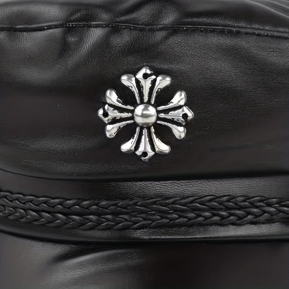 Gothic Cross Patch Beret PU Leather Sailor Hat