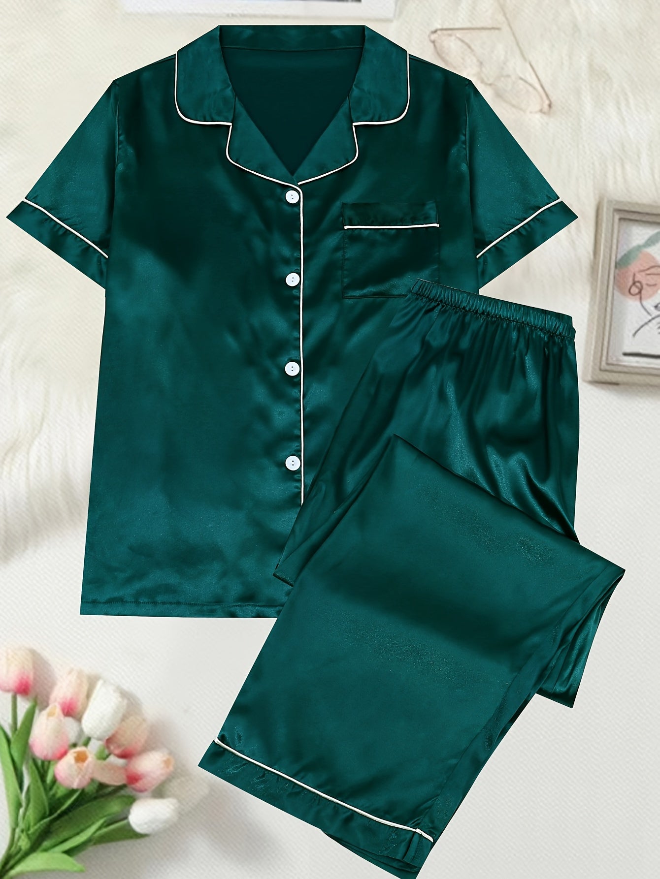 6 Pack Plus Size Pajamas Set Women's Plus Contrast Binding Short Sleeve