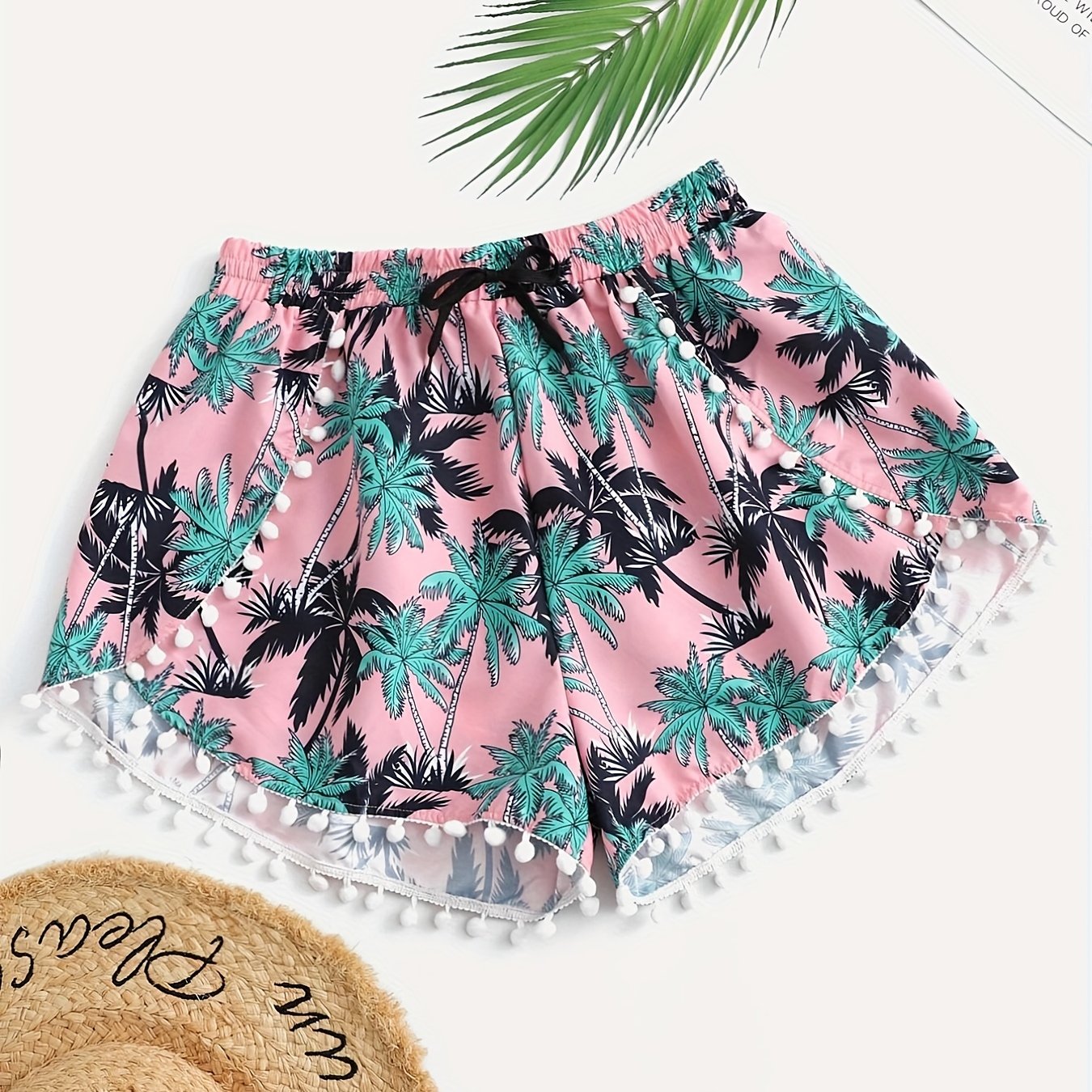 Tropical Print Mini Bow Pompom Trim Shorts