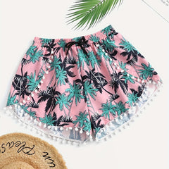 Tropical Print Mini Bow Pompom Trim Shorts