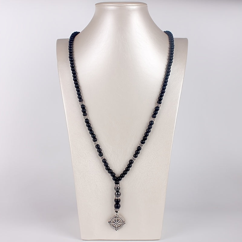 Vintage Natural Stone Beaded Necklace with Compass Pendant for Men