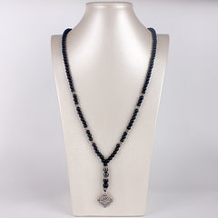Vintage Natural Stone Beaded Necklace with Compass Pendant for Men