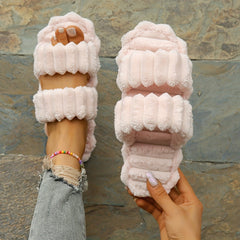 Women's Plush Double Straps Slippers Soft Open Toe Home Shoes
