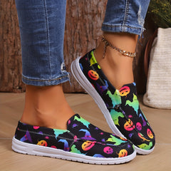 Halloween Pumpkin & Bat Print Slip-On Canvas Sneakers
