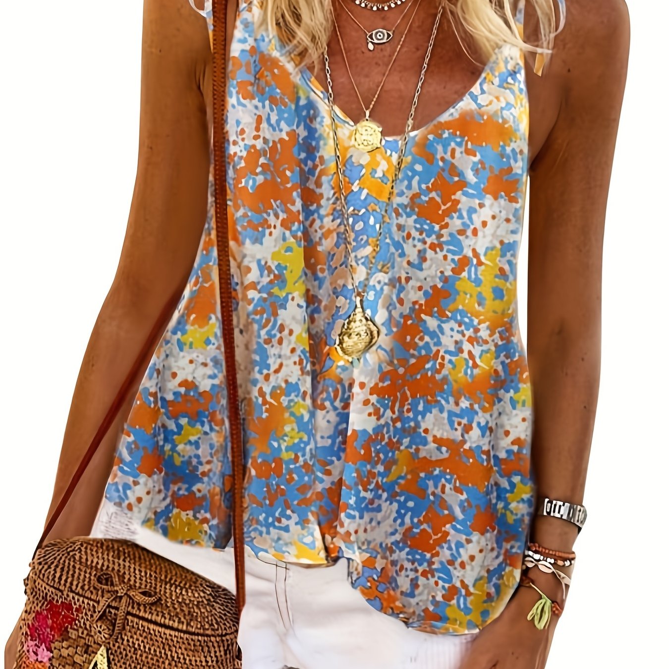 Casual Cami Top Random Print Round Neck Tie Shoulder