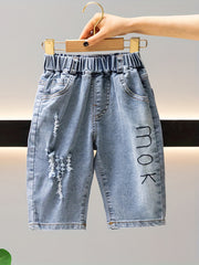 Boys Letter Print Denim Jeans Cropped Pants Bottoms With Pockets