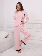 Solid Lounge Set with Lace Trim Top & Pants