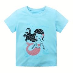 Breathable Mermaid Print T Shirt for Girls Crew Neck Casual Top for Kids
