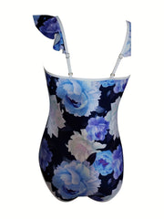 Women's Plus Floral Print One Piece Swimsuit & Wrap Cover Up Skirt Set