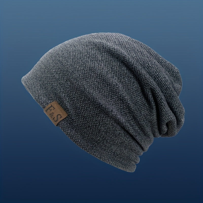 Label Patch Slouchy Beanie Lightweight Skull Cap Elastic Knit Hat