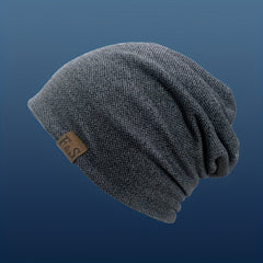 Label Patch Slouchy Beanie Lightweight Skull Cap Elastic Knit Hat