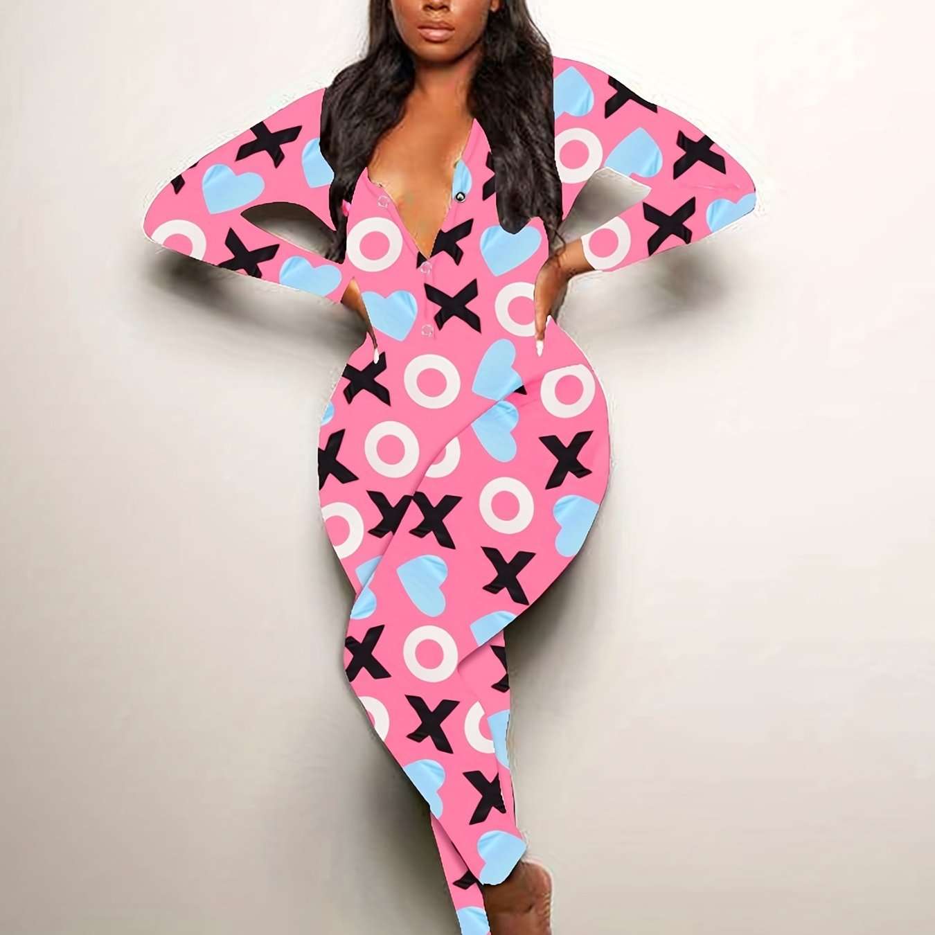 Heart Print Lounge Jumpsuit Long Sleeve V Neck Buttons Romper Women's Loungewear