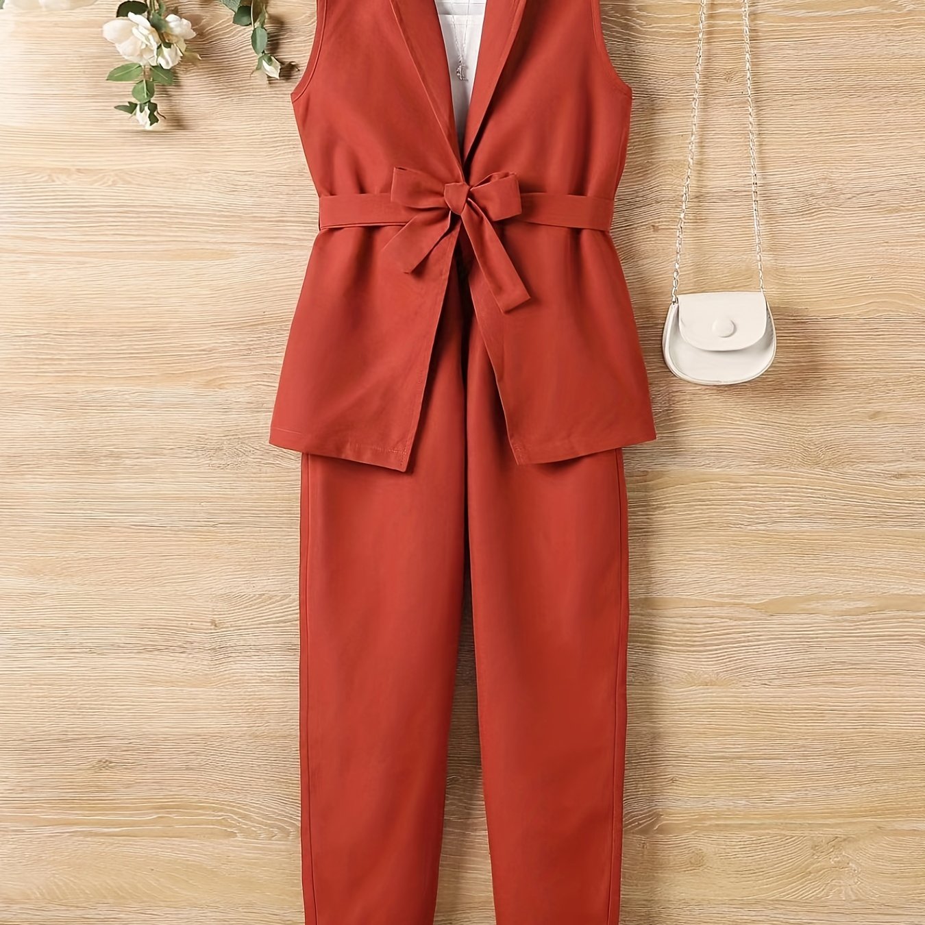 Girls 2pcs Vest With Belt & Elastic Waist Pants Set Solid Sleeveless Blazer