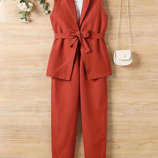 Girls 2pcs Vest With Belt & Elastic Waist Pants Set Solid Sleeveless Blazer