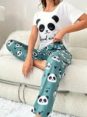 Panda Print Pajama Set Short Sleeve Top & Pants
