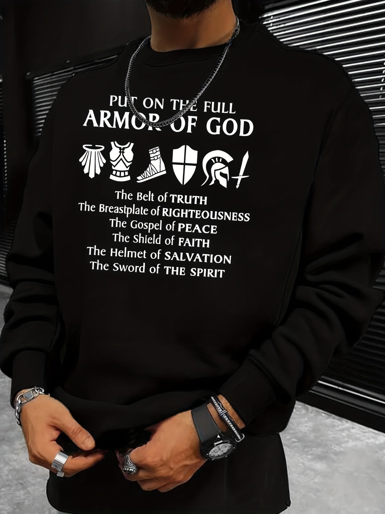 Armor Of God Print Sweatshirt Men's Casual Graphic Pullover Sweatshirt