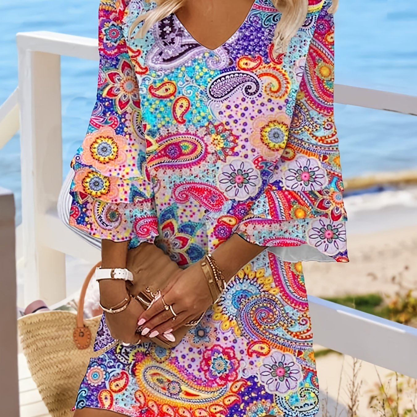 Boho Paisley Print Bell Sleeve V Neck Mini Dress