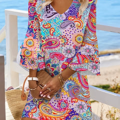 Boho Paisley Print Bell Sleeve V Neck Mini Dress
