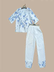 Floral Print 2pc Set Crew Neck 3/4 Sleeve Tops & Elastic Waist Pant