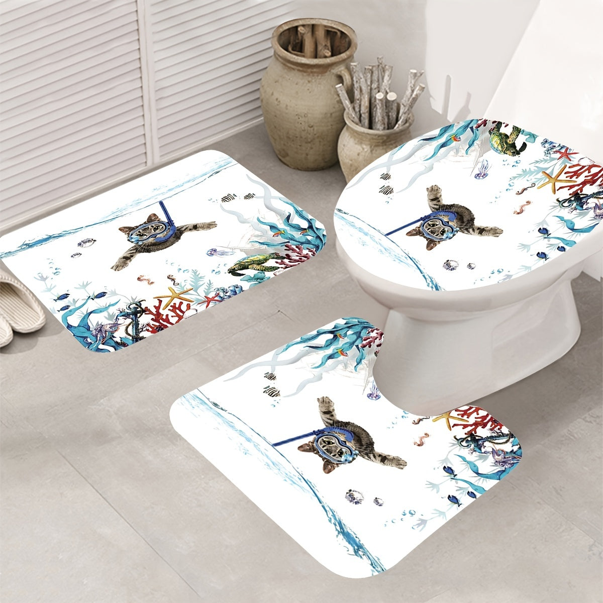Swimming Cat Shower Curtain Set - Modern Bathroom Decor