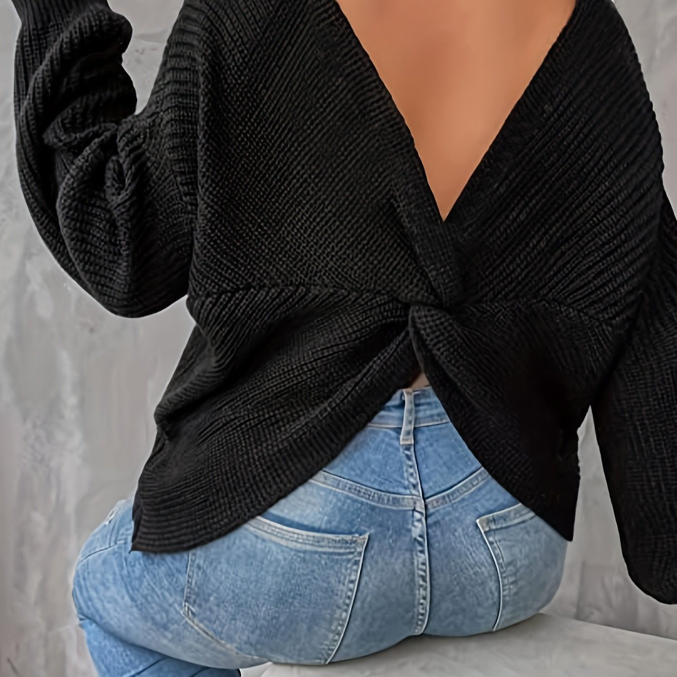 Casual Sweater Women's Plus Solid Lantern Sleeve V Neck Twist Back
