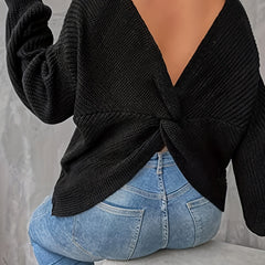 Casual Sweater Women's Plus Solid Lantern Sleeve V Neck Twist Back