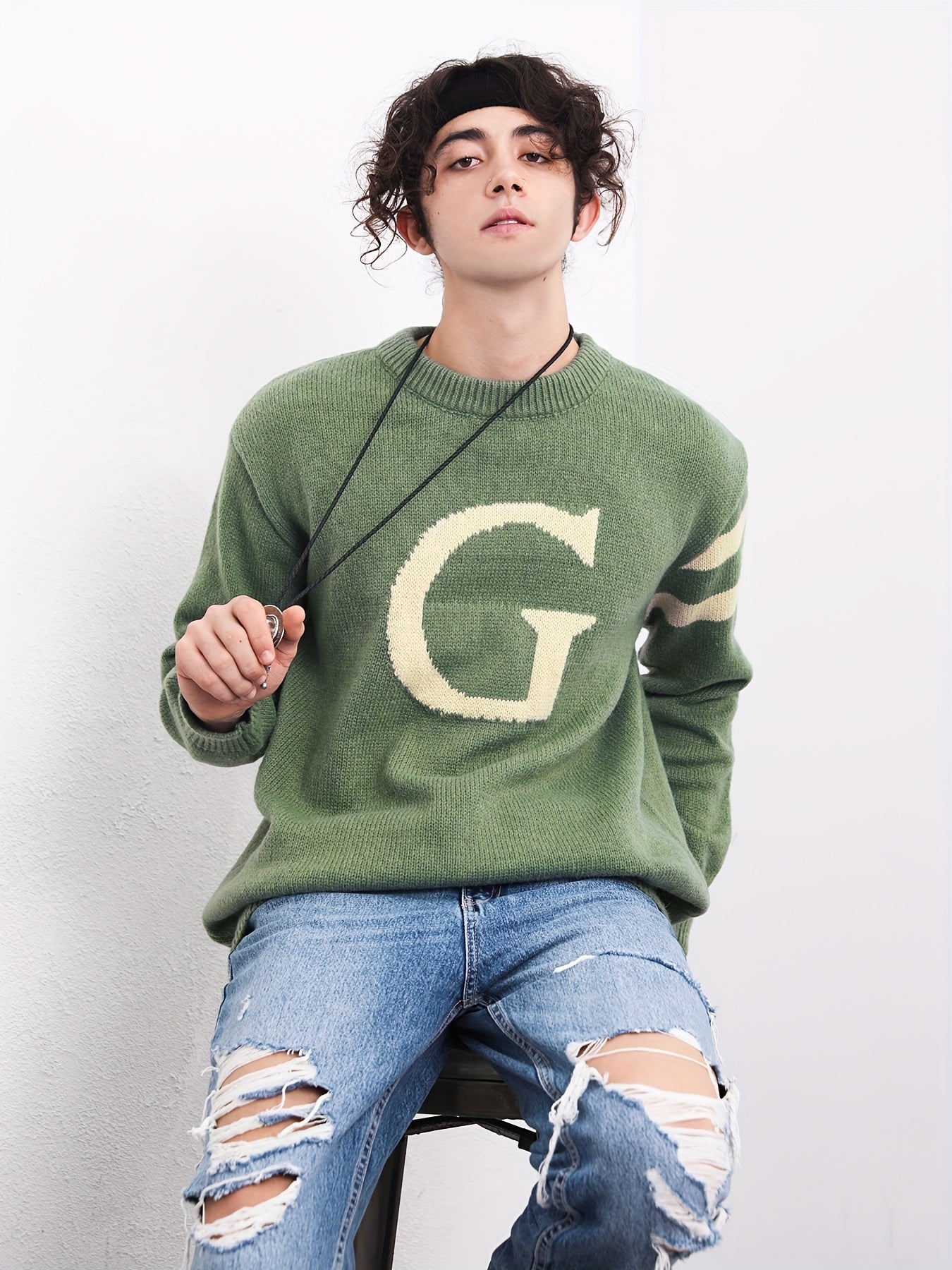Men's ''G'' Pattern Sweater Warm Knit Pullover