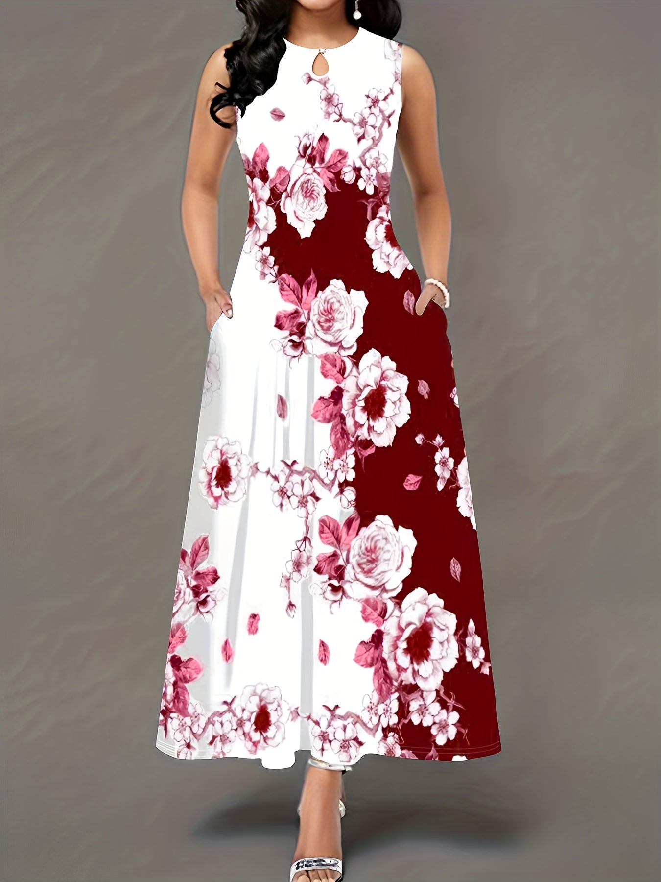 Colorblock Floral Print Maxi Tank Dress