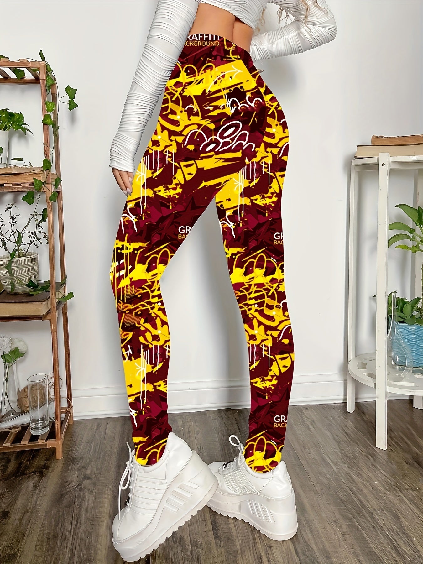 Graffiti Print Skinny Leggings Stretchy Casual Women's Clothing