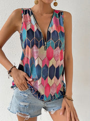 Gem Print Zip Up V Neck Tank Top Women's Clothing