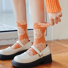 4 Pairs Floral Print Socks Retro Court Style Women's Stockings